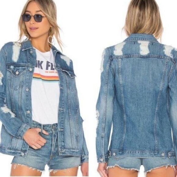 Lovers + Friends Factory Extensive Distressed Ripped Blue Denim Jacket Modern - Picture 3 of 16